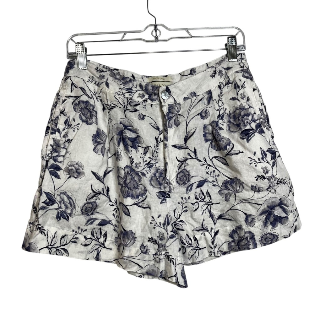 Cynthia Rowley Womens Blue Floral Toile 100% Linen Pleated Shorts White Size 6